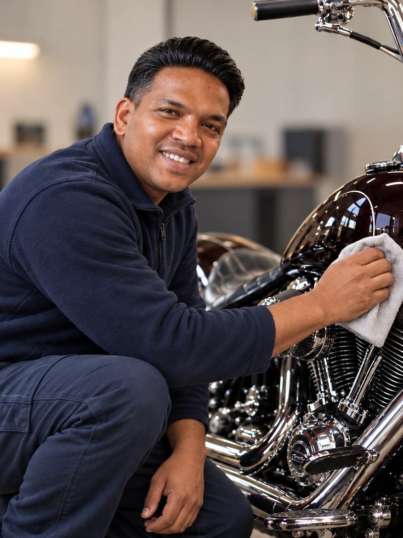 David Duijn poetst de tank van een Harley-Davidson in de werkplaats